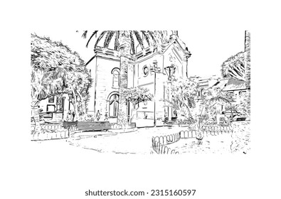 Building view with landmark of Puerto de la Cruz is the 
city in Spain. Hand drawn sketch illustration in vector.