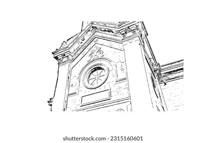 Building view with landmark of Puerto de la Cruz is the 
city in Spain. Hand drawn sketch illustration in vector.