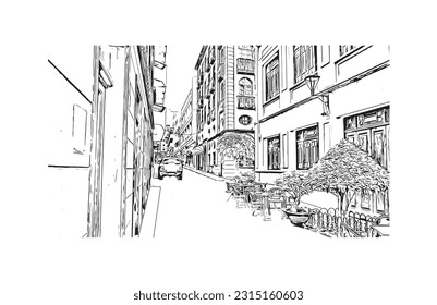 Building view with landmark of Puerto de la Cruz is the 
city in Spain. Hand drawn sketch illustration in vector.