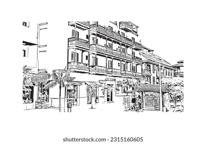 Building view with landmark of Puerto de la Cruz is the 
city in Spain. Hand drawn sketch illustration in vector.