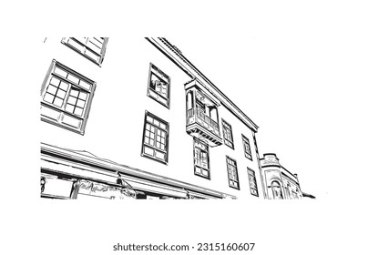 Building view with landmark of Puerto de la Cruz is the 
city in Spain. Hand drawn sketch illustration in vector.