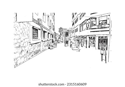 Building view with landmark of Puerto de la Cruz is the 
city in Spain. Hand drawn sketch illustration in vector.