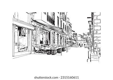 Building view with landmark of Puerto de la Cruz is the 
city in Spain. Hand drawn sketch illustration in vector.