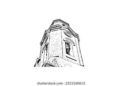 Building view with landmark of Puerto de la Cruz is the 
city in Spain. Hand drawn sketch illustration in vector.