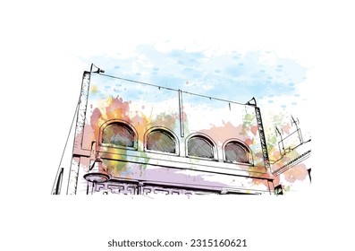 Building view with landmark of Puerto de la Cruz is the 
city in Spain. Watercolor splash with hand drawn sketch illustration in vector.