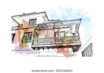 Building view with landmark of Puerto de la Cruz is the 
city in Spain. Watercolor splash with hand drawn sketch illustration in vector.