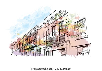 Building view with landmark of Puerto de la Cruz is the 
city in Spain. Watercolor splash with hand drawn sketch illustration in vector.