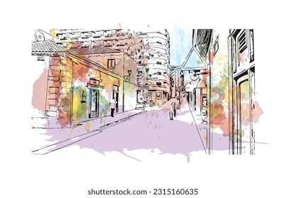 Building view with landmark of Puerto de la Cruz is the 
city in Spain. Watercolor splash with hand drawn sketch illustration in vector.