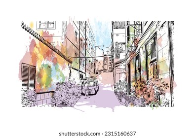 Building view with landmark of Puerto de la Cruz is the 
city in Spain. Watercolor splash with hand drawn sketch illustration in vector.