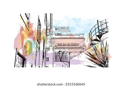 Building view with landmark of Puerto de la Cruz is the 
city in Spain. Watercolor splash with hand drawn sketch illustration in vector.