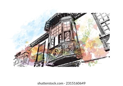 Building view with landmark of Puerto de la Cruz is the 
city in Spain. Watercolor splash with hand drawn sketch illustration in vector.