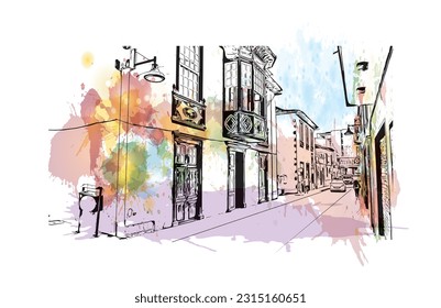 Building view with landmark of Puerto de la Cruz is the 
city in Spain. Watercolor splash with hand drawn sketch illustration in vector.