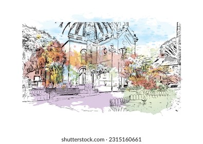 Building view with landmark of Puerto de la Cruz is the 
city in Spain. Watercolor splash with hand drawn sketch illustration in vector.