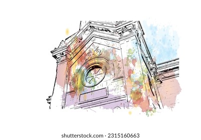 Building view with landmark of Puerto de la Cruz is the 
city in Spain. Watercolor splash with hand drawn sketch illustration in vector.