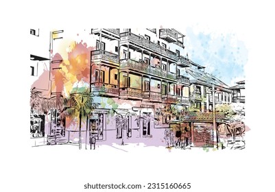 Building view with landmark of Puerto de la Cruz is the 
city in Spain. Watercolor splash with hand drawn sketch illustration in vector.