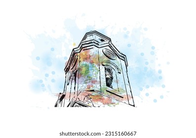 Building view with landmark of Puerto de la Cruz is the 
city in Spain. Watercolor splash with hand drawn sketch illustration in vector.