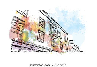 Building view with landmark of Puerto de la Cruz is the 
city in Spain. Watercolor splash with hand drawn sketch illustration in vector.