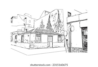 Building view with landmark of Puerto de la Cruz is the 
city in Spain. Hand drawn sketch illustration in vector.