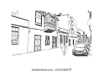 Building view with landmark of Puerto de la Cruz is the 
city in Spain. Hand drawn sketch illustration in vector.