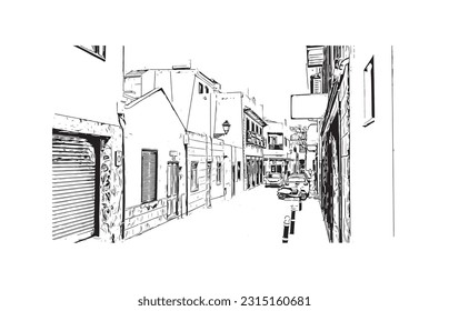 Building view with landmark of Puerto de la Cruz is the 
city in Spain. Hand drawn sketch illustration in vector.