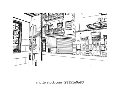 Building view with landmark of Puerto de la Cruz is the 
city in Spain. Hand drawn sketch illustration in vector.