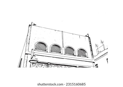 Building view with landmark of Puerto de la Cruz is the 
city in Spain. Hand drawn sketch illustration in vector.