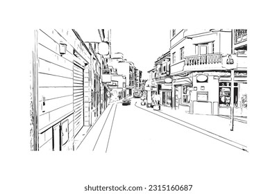 Building view with landmark of Puerto de la Cruz is the 
city in Spain. Hand drawn sketch illustration in vector.