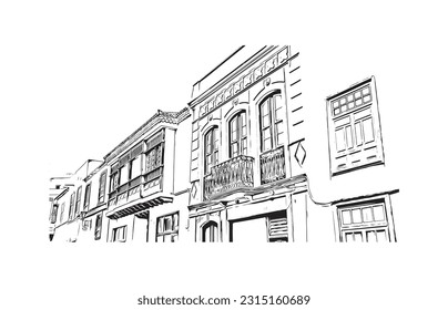 Building view with landmark of Puerto de la Cruz is the 
city in Spain. Hand drawn sketch illustration in vector.