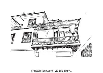 Building view with landmark of Puerto de la Cruz is the 
city in Spain. Hand drawn sketch illustration in vector.