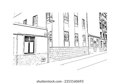 Building view with landmark of Puerto de la Cruz is the 
city in Spain. Hand drawn sketch illustration in vector.