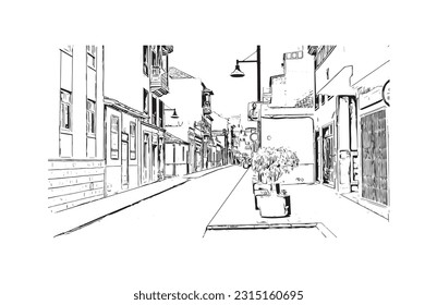 Building view with landmark of Puerto de la Cruz is the 
city in Spain. Hand drawn sketch illustration in vector.