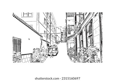 Building view with landmark of Puerto de la Cruz is the 
city in Spain. Hand drawn sketch illustration in vector.