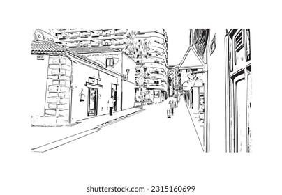 Building view with landmark of Puerto de la Cruz is the 
city in Spain. Hand drawn sketch illustration in vector.