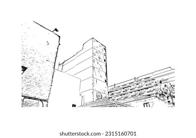 Building view with landmark of Puerto de la Cruz is the 
city in Spain. Hand drawn sketch illustration in vector.