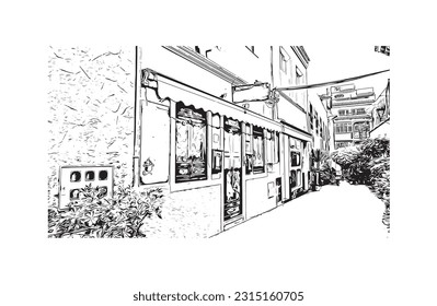 Building view with landmark of Puerto de la Cruz is the 
city in Spain. Hand drawn sketch illustration in vector.