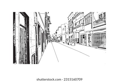 Building view with landmark of Puerto de la Cruz is the 
city in Spain. Hand drawn sketch illustration in vector.