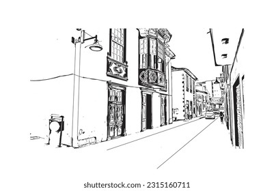 Building view with landmark of Puerto de la Cruz is the 
city in Spain. Hand drawn sketch illustration in vector.