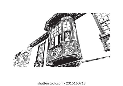 Building view with landmark of Puerto de la Cruz is the 
city in Spain. Hand drawn sketch illustration in vector.