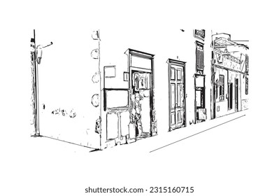 Building view with landmark of Puerto de la Cruz is the 
city in Spain. Hand drawn sketch illustration in vector.