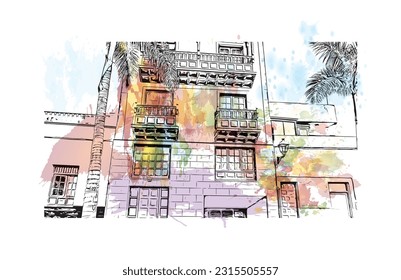 Building view with landmark of Puerto de la Cruz is the 
city in Spain. Watercolor splash with hand drawn sketch illustration in vector.