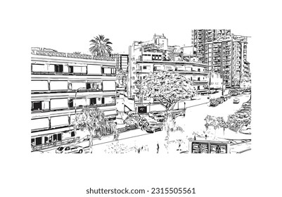 Building view with landmark of Puerto de la Cruz is the 
city in Spain. Hand drawn sketch illustration in vector.