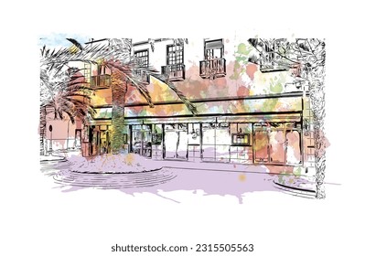 Building view with landmark of Puerto de la Cruz is the 
city in Spain. Watercolor splash with hand drawn sketch illustration in vector.