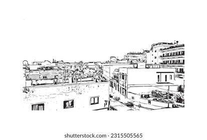 Building view with landmark of Puerto de la Cruz is the 
city in Spain. Hand drawn sketch illustration in vector.