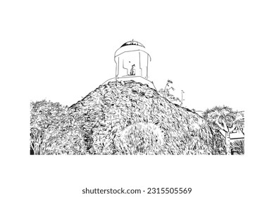 Building view with landmark of Puerto de la Cruz is the 
city in Spain. Hand drawn sketch illustration in vector.