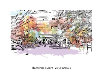 Building view with landmark of Puerto de la Cruz is the 
city in Spain. Watercolor splash with hand drawn sketch illustration in vector.