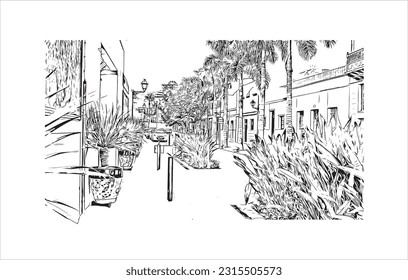 Building view with landmark of Puerto de la Cruz is the 
city in Spain. Hand drawn sketch illustration in vector.