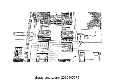 Building view with landmark of Puerto de la Cruz is the 
city in Spain. Hand drawn sketch illustration in vector.