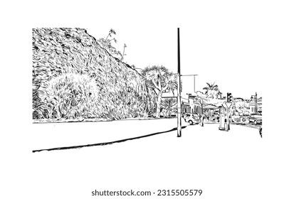 Building view with landmark of Puerto de la Cruz is the 
city in Spain. Hand drawn sketch illustration in vector.