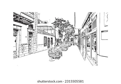 Building view with landmark of Puerto de la Cruz is the 
city in Spain. Hand drawn sketch illustration in vector.