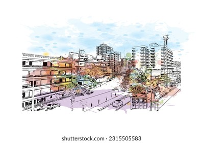 Building view with landmark of Puerto de la Cruz is the 
city in Spain. Watercolor splash with hand drawn sketch illustration in vector.